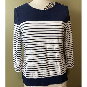 Lauren Ralph Lauren Shirt Womens Large Navy/White Striped  Gold Button Accents